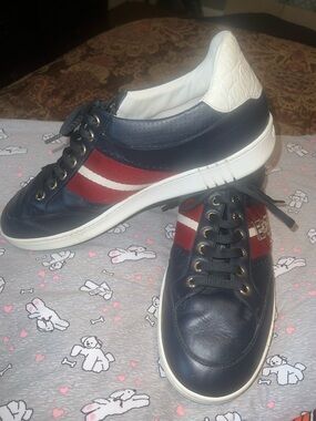 Bally Navy Leather Sneakers with Red and White Striped Side Panels